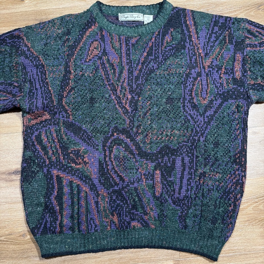 Vintage Bugle Boy Sweater Abstract Paisley Green Purple Print Streetwear Mens XL - Picture 6 of 10